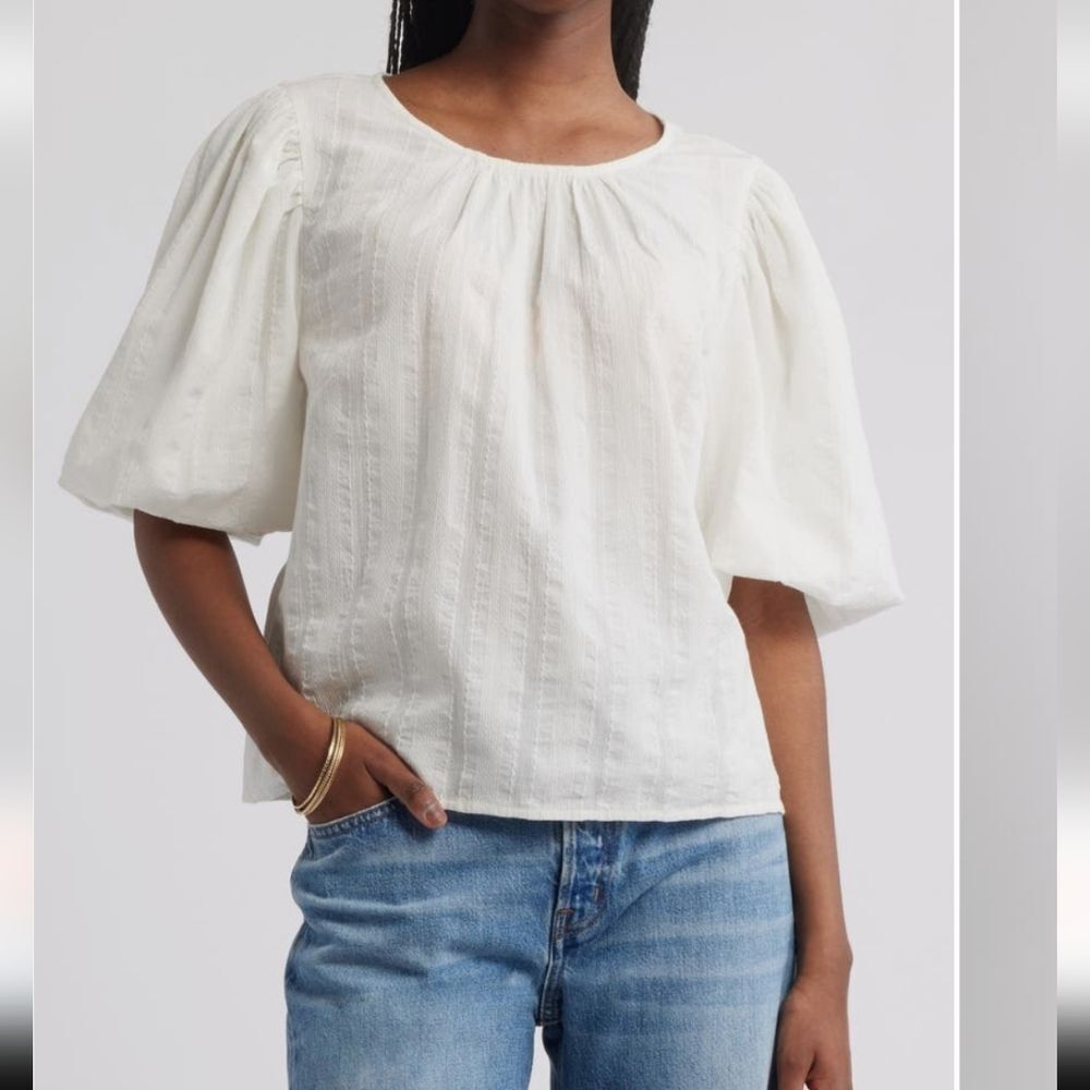 Treasure & Bond White Puff Sleeve Textured Blouse 100% Cotton